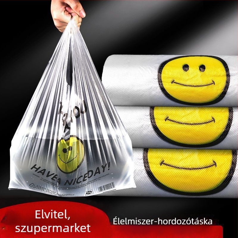 Élelmiszer-minőségű átlátszó mosolygós műanyag zacskók bevásárláshoz és csomagoláshoz, hordozható mellény-stílusú szemeteszacskók otthoni használatra