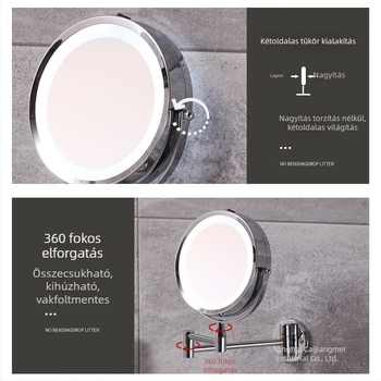 LED-es világítású, kihúzható falra szerelt sminktükör, furatok nélküli telepítés, fürdőszobai használatra, HD felbontású