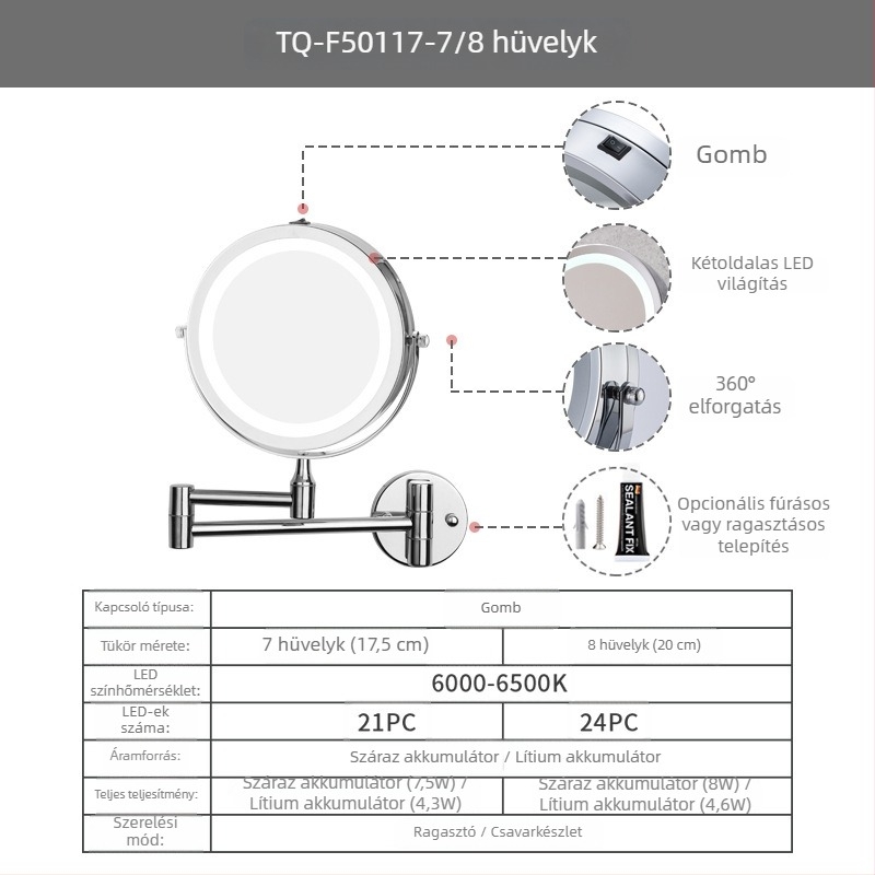 LED-es világítású, kihúzható falra szerelt sminktükör, furatok nélküli telepítés, fürdőszobai használatra, HD felbontású