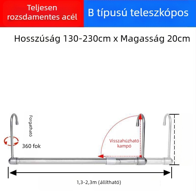 Erkélyre szánt teleszkópos ruhaszárító, láthatatlan, kihúzható, összecsukható, ágynemű és ruházat számára