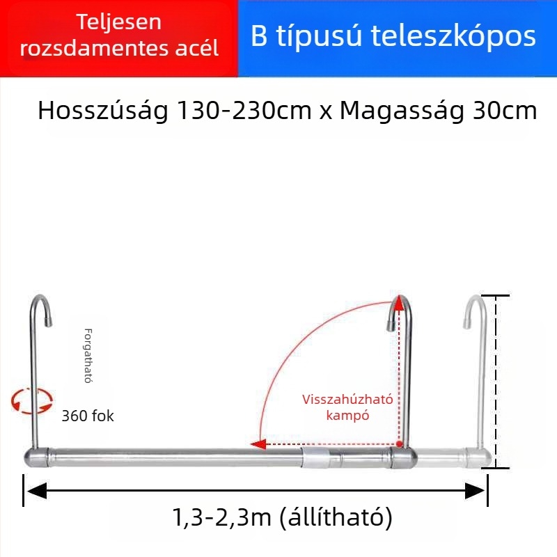 Erkélyre szánt teleszkópos ruhaszárító, láthatatlan, kihúzható, összecsukható, ágynemű és ruházat számára