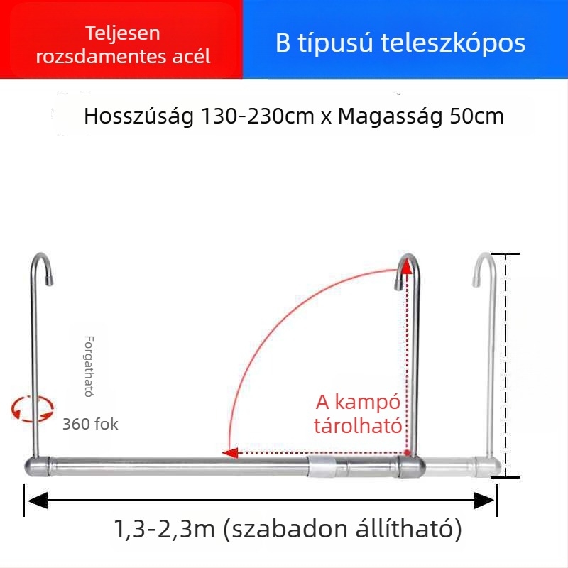 Erkélyre szánt teleszkópos ruhaszárító, láthatatlan, kihúzható, összecsukható, ágynemű és ruházat számára