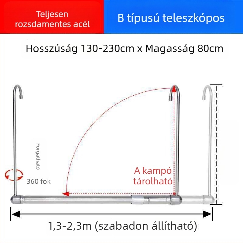 Erkélyre szánt teleszkópos ruhaszárító, láthatatlan, kihúzható, összecsukható, ágynemű és ruházat számára