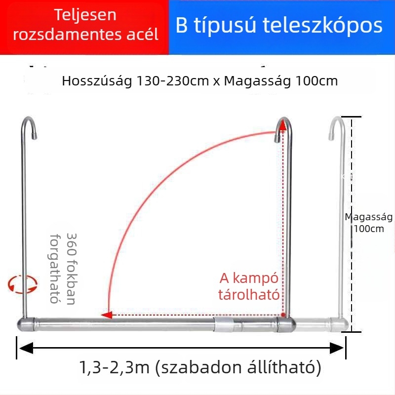 Erkélyre szánt teleszkópos ruhaszárító, láthatatlan, kihúzható, összecsukható, ágynemű és ruházat számára