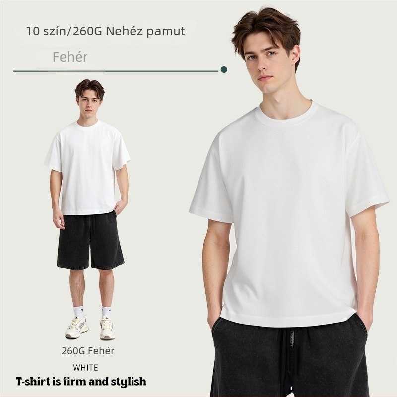 260 g/m² tömeggel, 100% pamut, férfi egyszínű laza szabású rövid ujjú póló