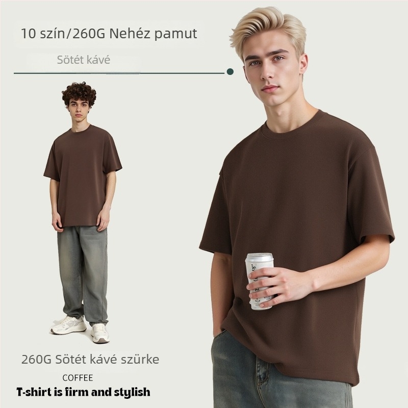 260 g/m² tömeggel, 100% pamut, férfi egyszínű laza szabású rövid ujjú póló