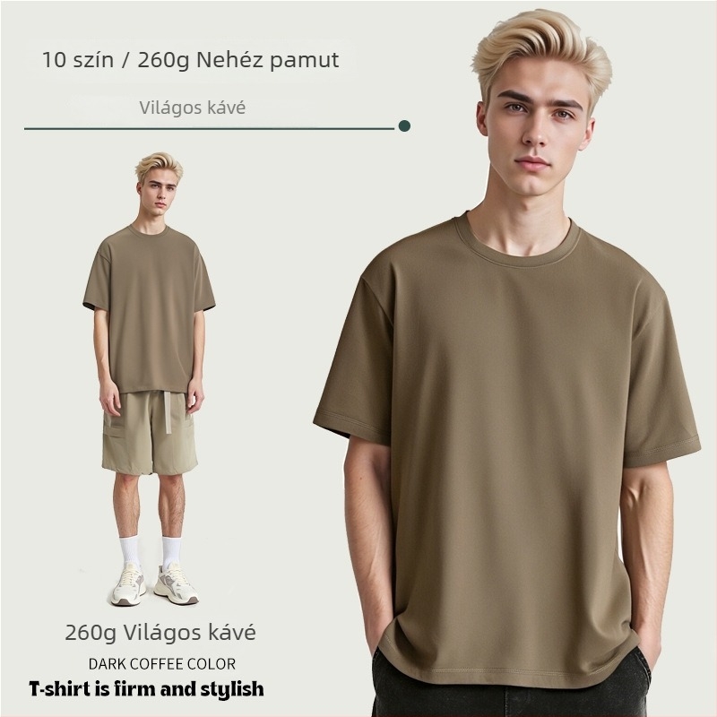 260 g/m² tömeggel, 100% pamut, férfi egyszínű laza szabású rövid ujjú póló