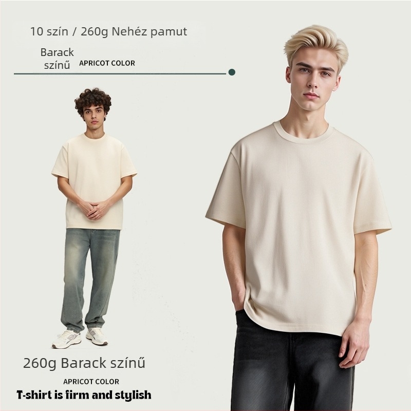 260 g/m² tömeggel, 100% pamut, férfi egyszínű laza szabású rövid ujjú póló