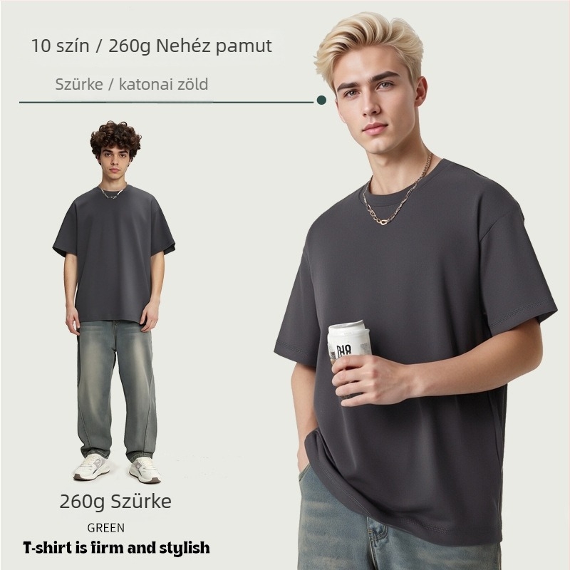 260 g/m² tömeggel, 100% pamut, férfi egyszínű laza szabású rövid ujjú póló