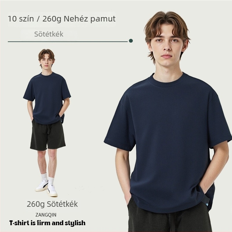 260 g/m² tömeggel, 100% pamut, férfi egyszínű laza szabású rövid ujjú póló