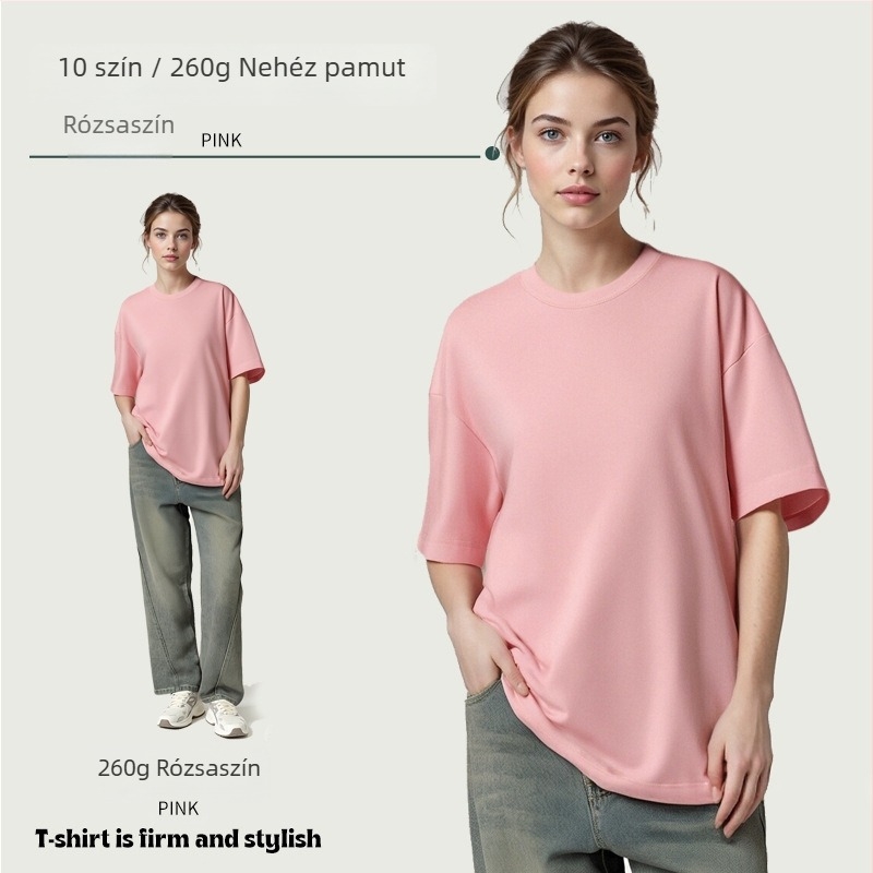 260 g/m² tömeggel, 100% pamut, férfi egyszínű laza szabású rövid ujjú póló