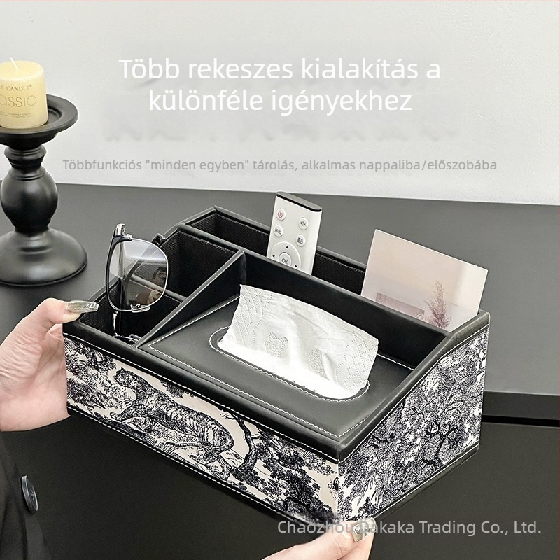 Világos luxus bőr papírzsepi tartó vintage stílusban, otthonra és nappaliba, tároló rekesszel a távirányítóhoz
