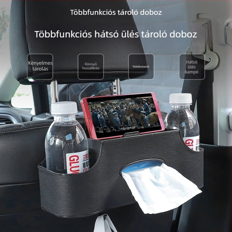 Autóba szerelt, többfunkciós tároló zsebkendő tartóval, hátsó ülés mögötti rendező és pohártartó.