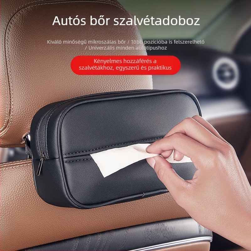 Bőr autózsebkendő-tartó karfára szerelhető, hátsó üléshez illeszkedő, univerzális autó kiegészítő