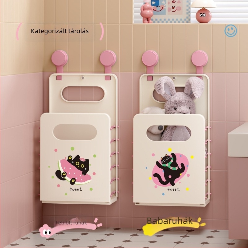 Falihoz rögzíthető, összecsukható ruhakosár fürdőszobába, modern dizájn