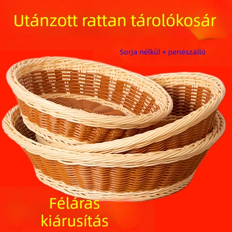 Kis nordik stílusú kosár dupla fogantyúval, kézzel font kenyér- és gyümölcskosár, imitált ratán tál bambuszból