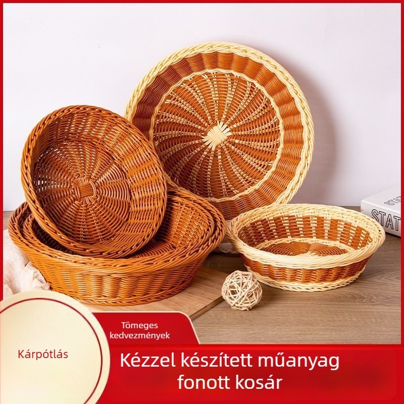 Kis nordik stílusú kosár dupla fogantyúval, kézzel font kenyér- és gyümölcskosár, imitált ratán tál bambuszból