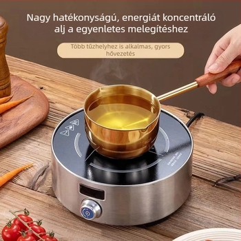 Rozsdamentes acél olajtartó edény hosszú fa nyéllel, titán bevonattal és vastagított kanállal