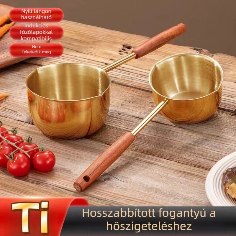 Rozsdamentes acél olajtartó edény hosszú fa nyéllel, titán bevonattal és vastagított kanállal