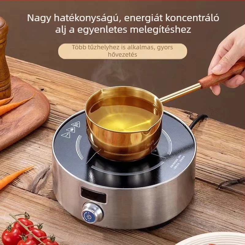 Rozsdamentes acél olajtartó edény hosszú fa nyéllel, titán bevonattal és vastagított kanállal