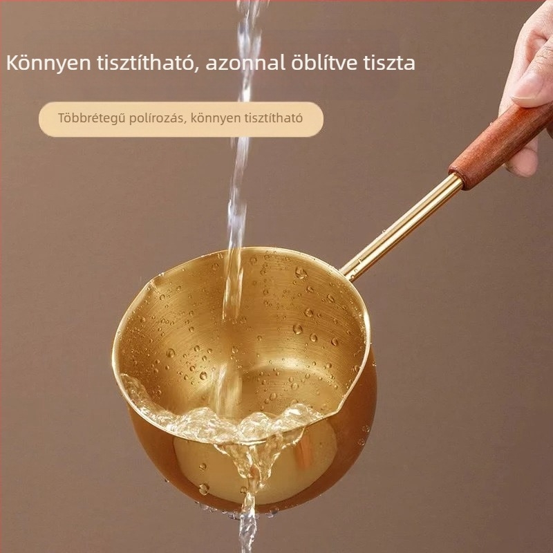 Rozsdamentes acél olajtartó edény hosszú fa nyéllel, titán bevonattal és vastagított kanállal
