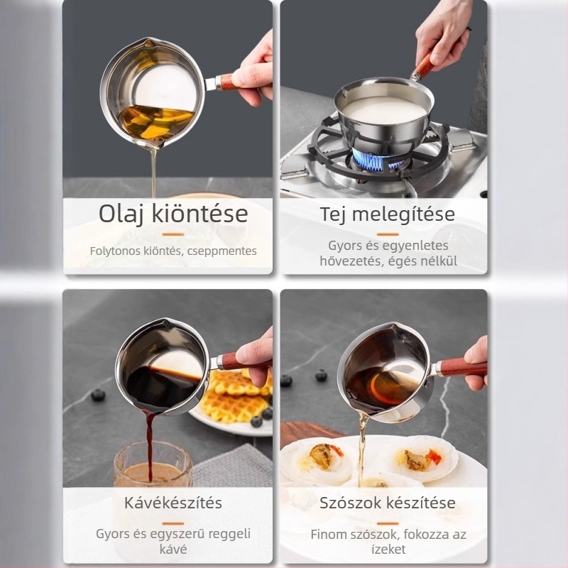 Rozsdamentes acél olajtartó edény hosszú fa nyéllel, titán bevonattal és vastagított kanállal