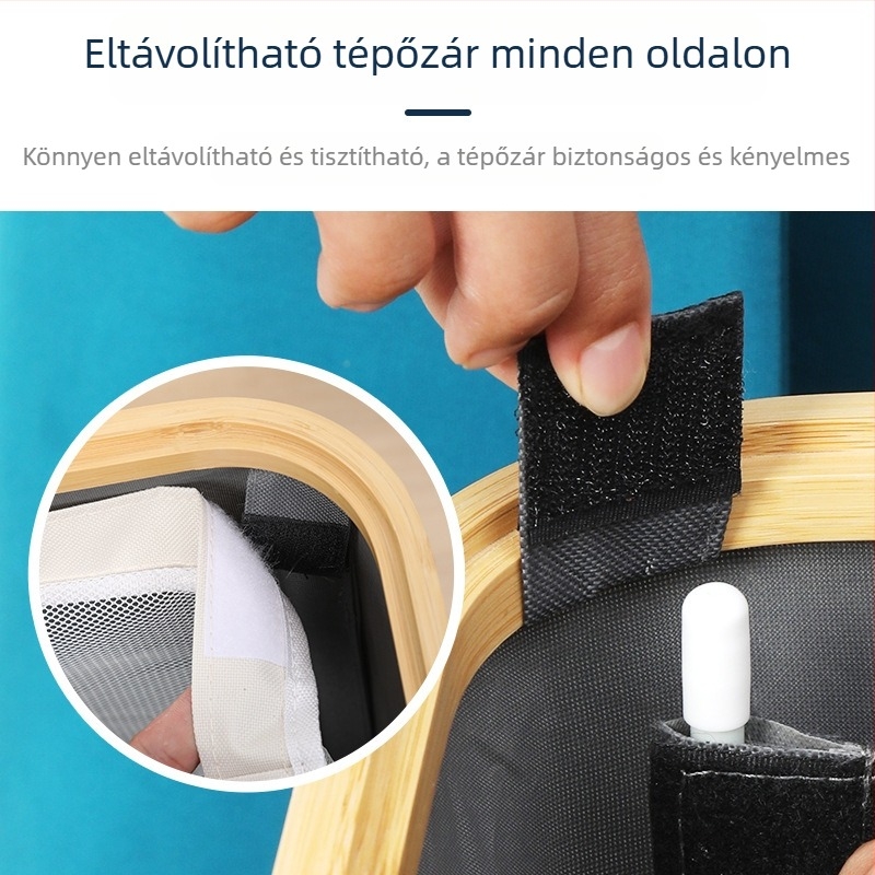 Kerékes, összecsukható bambusz tárolókosár gyűrűs vázzal, ruhaszennyeskosár, levehető rész