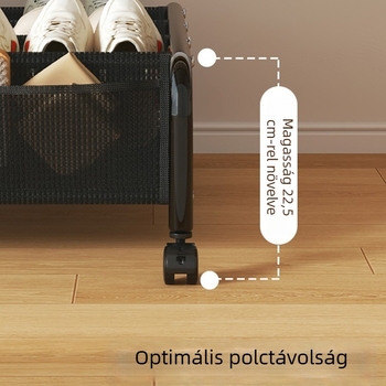 Ágy alatti cipőállvány, acélvázú, többfunkciós tároló rendező hálós rekeszekkel és görgőkkel