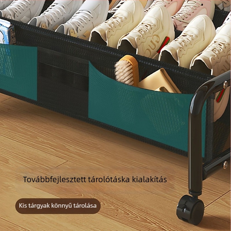Ágy alatti cipőállvány, acélvázú, többfunkciós tároló rendező hálós rekeszekkel és görgőkkel
