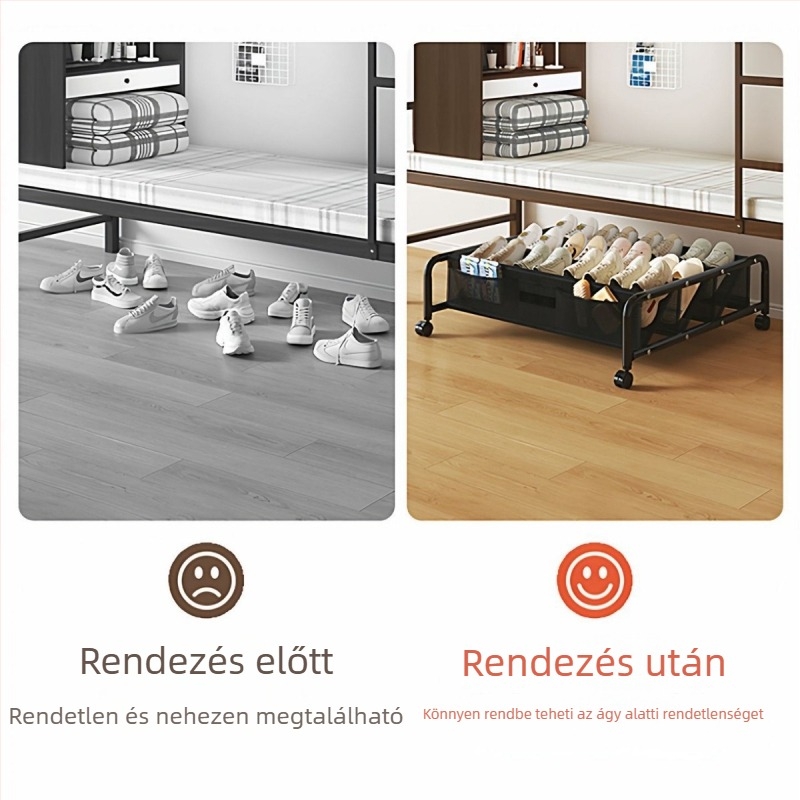 Ágy alatti cipőállvány, acélvázú, többfunkciós tároló rendező hálós rekeszekkel és görgőkkel