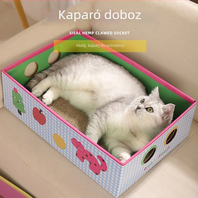 Beépített macska karmolótábla és odú - szöszmentes hullámkartonból készült karmolós játék, téglalap alakú doboz