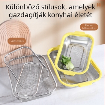 Rozsdamentes acélból készült hálós kosár sűrű lyukakkal, konyhai használatra; többfunkciós leeresztő kosár zöldségek, gyümölcsök és rizs mosásához