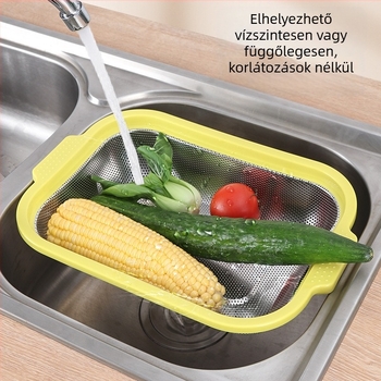 Rozsdamentes acélból készült hálós kosár sűrű lyukakkal, konyhai használatra; többfunkciós leeresztő kosár zöldségek, gyümölcsök és rizs mosásához