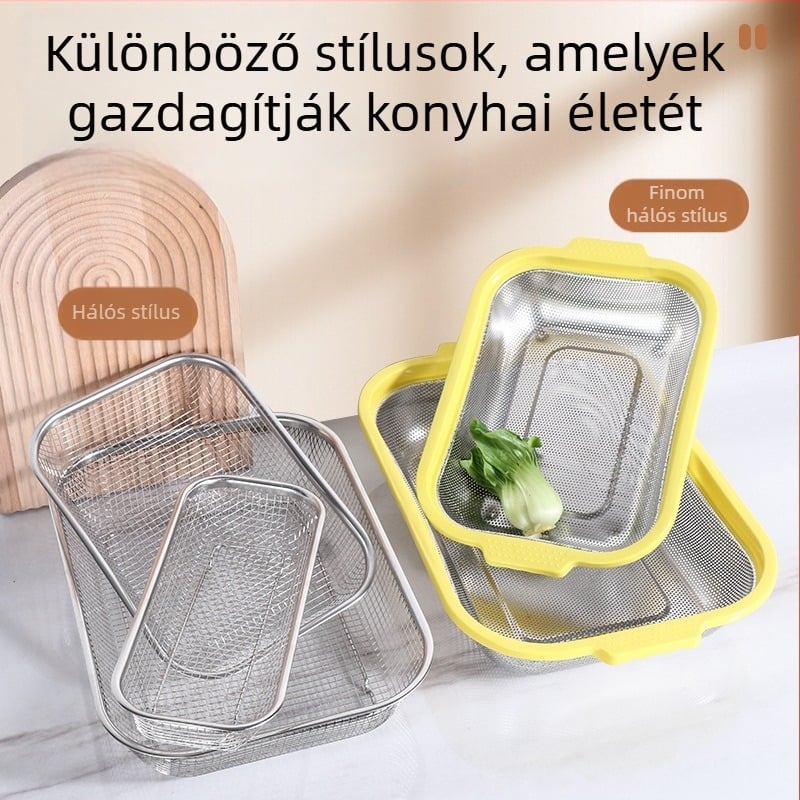 Rozsdamentes acélból készült hálós kosár sűrű lyukakkal, konyhai használatra; többfunkciós leeresztő kosár zöldségek, gyümölcsök és rizs mosásához