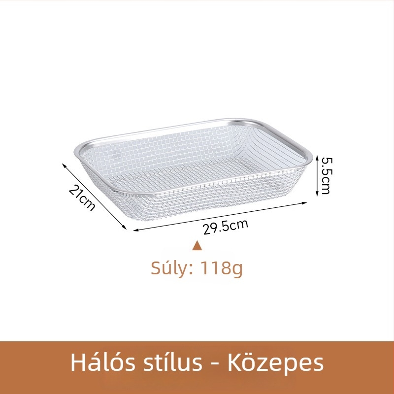 Rozsdamentes acélból készült hálós kosár sűrű lyukakkal, konyhai használatra; többfunkciós leeresztő kosár zöldségek, gyümölcsök és rizs mosásához
