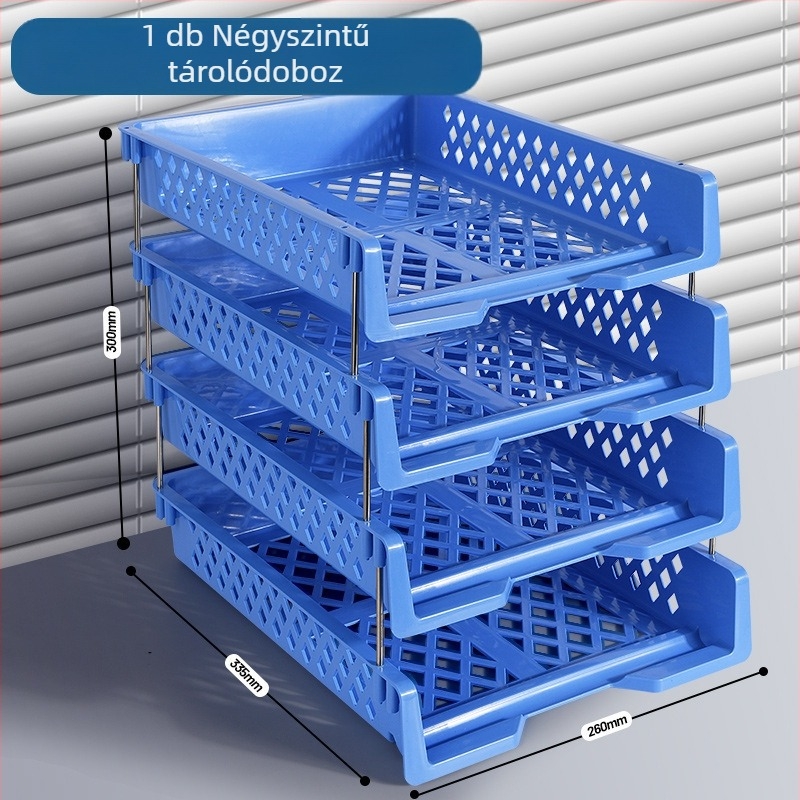 Kék műanyag, 3‑szintes asztali iratrendező