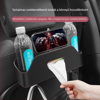 Autó hátsó ülésének többrekeszes szervezője, zsebkendő-tartóval és pohártartóval