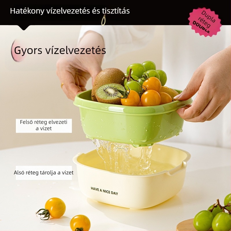 Kétszintes lefolyó kosár gyümölcsök és zöldségek számára, 2 az 1-ben mosó kosár