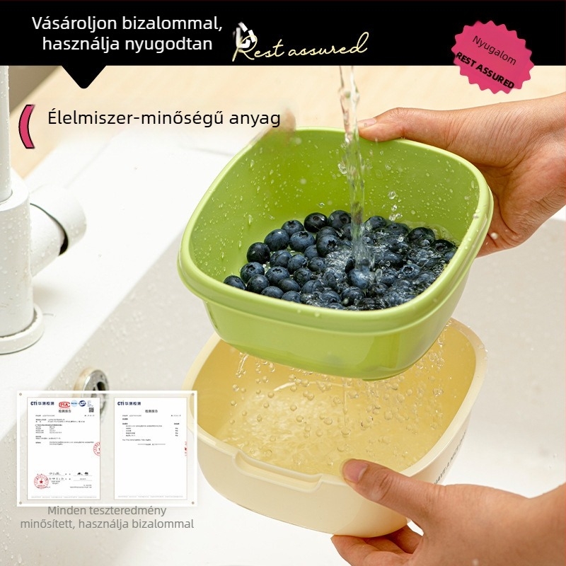 Kétszintes lefolyó kosár gyümölcsök és zöldségek számára, 2 az 1-ben mosó kosár