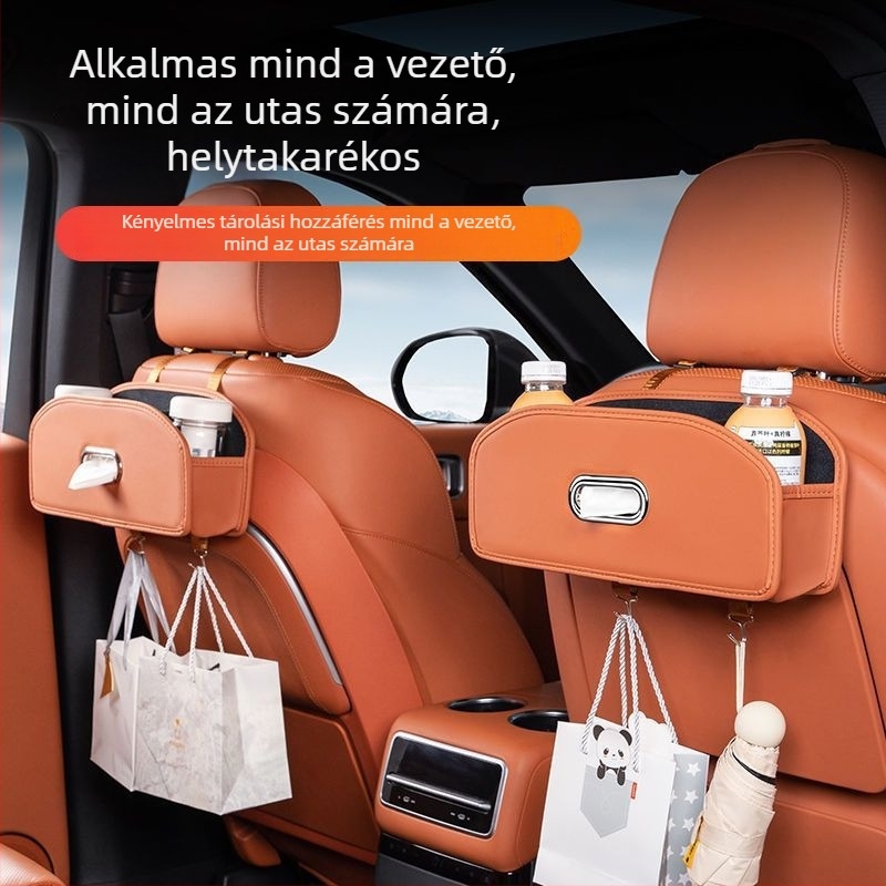 Autóülés hátoldali rendező papírzsebkendő tartóval, pohártartóval és akasztóval