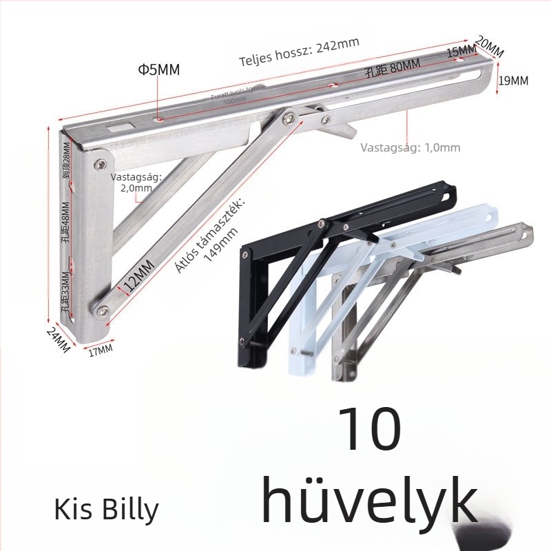 Weitan Billy L-alakú összecsukható polctartó, háromszög alakú, falra szerelhető, rozsdamentes acél