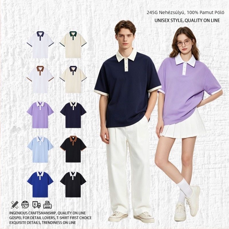 245 g pamutból készült retro polo ing, dupla szálú, rövid ujjú, egyszínű, kontrasztos gallérral, férfi nyári viselet