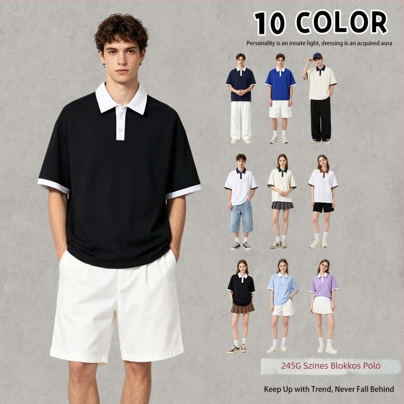 245 g pamutból készült retro polo ing, dupla szálú, rövid ujjú, egyszínű, kontrasztos gallérral, férfi nyári viselet
