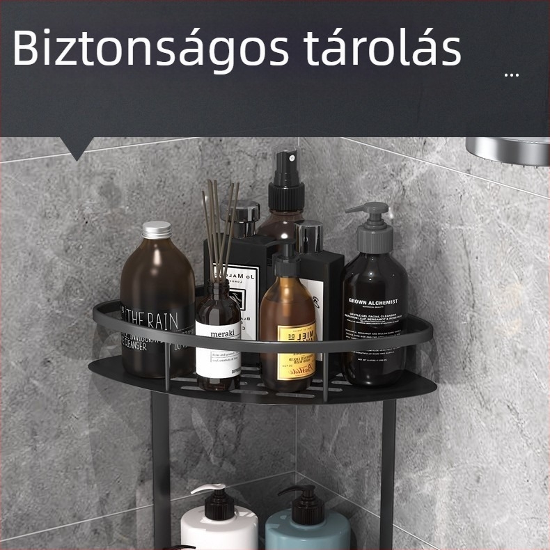 Fali sarokpolc a fürdőszobába, háromszög alakú, két szintű, alumínium, fúrás nélküli