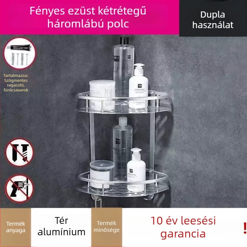 Fali sarokpolc a fürdőszobába, háromszög alakú, két szintű, alumínium, fúrás nélküli
