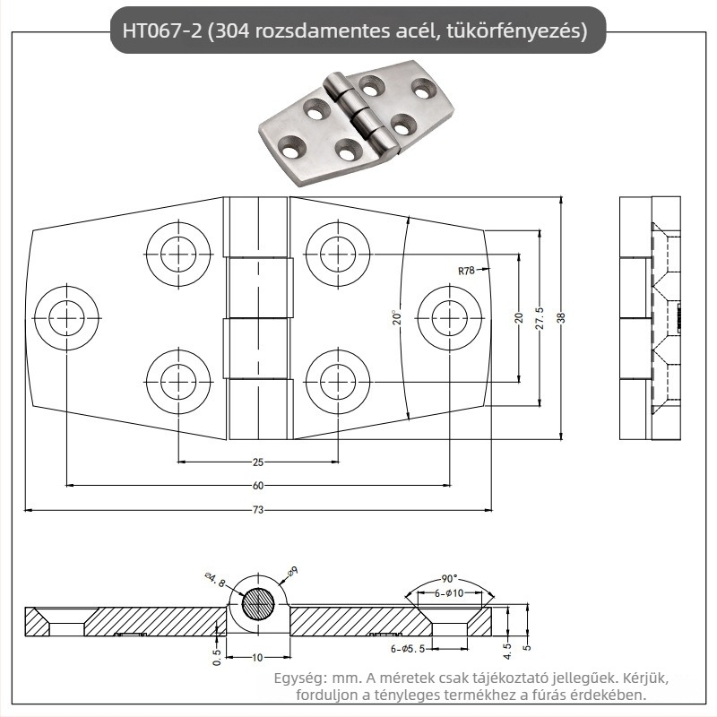 Ht067 304 rozsdamentes acél szekrényajtó csuklópánt, nehéz ipari dizájn, ventillátor alakú forma