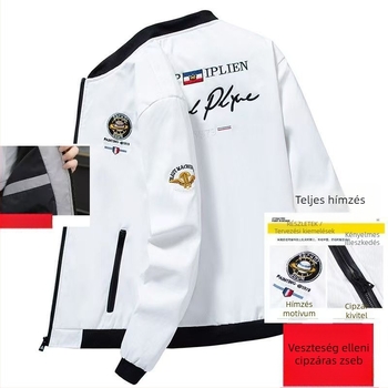 Férfi hímzett bomberdzseki tavasz-őszre, karcsú szabás, cipzár, álló gallér, hosszú ujjak, patch zsebek