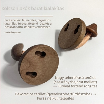 Nordic stílusú tömörfa gomba alakú kampó, fúrás nélkül, ragasztóval az ajtó mögé, előszobába vagy hálószobába