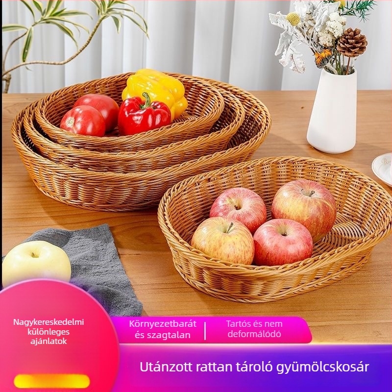 Mesterséges rattanból készült kosár gőzölt zsemlyékhez és tojásokhoz, konyhai fonott kosár gyümölcsöknek