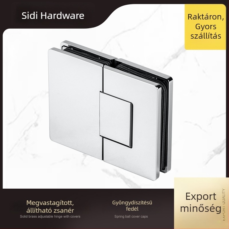 Rám nélküli üveges zuhanyajtó rugós csuklóval, réz anyagú, állítható golyóscsapágy burkolat, 180° nyitás, modell GH204C